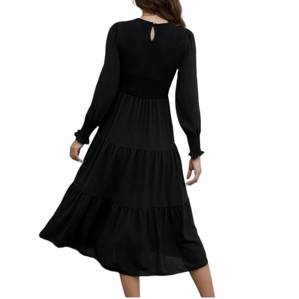 NWT Women's Casual Long Sleeve Dress Crew Neck Smocked Hight Waist Flowy Maxi - Picture 3 of 7